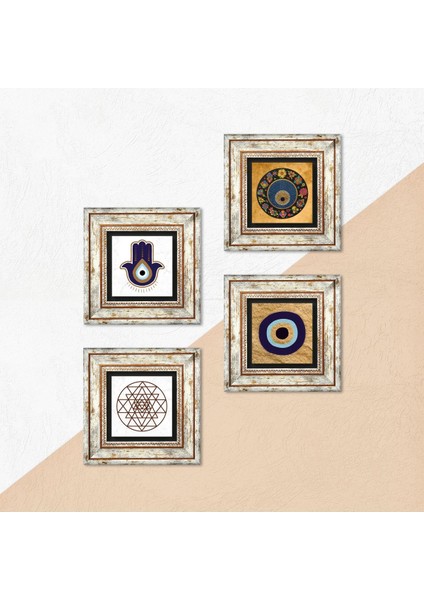 Stone Fatma Ana Eli (Hamsa), Sri Yantra, Nazar Çerçeveli Taş Duvar Tablosu 4’lü Set - Dekoratif Modern Sanat, Ev ve Ofis Dekoru |TK4-1823| indirimleri