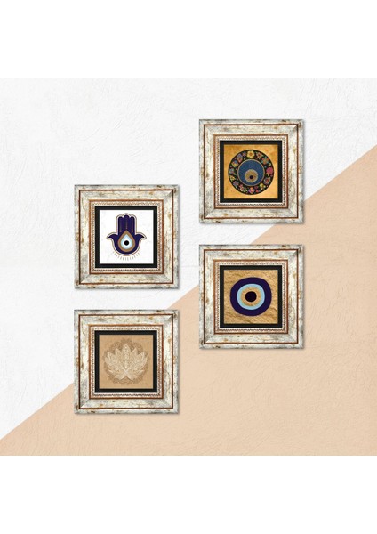 Stone Fatma Ana Eli (Hamsa), Lotus Çiçeği, Nazar Çerçeveli Taş Duvar Tablosu 4’lü Set - Dekoratif Modern Sanat, Ev ve Ofis Dekoru |TK4-1826| indirimleri