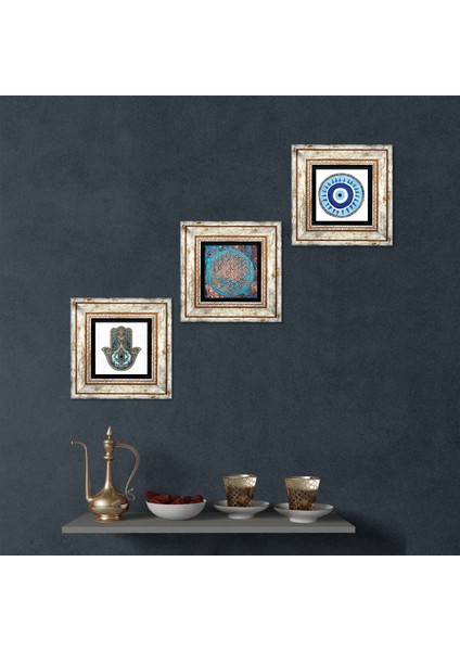 Stone Nazar, Yaşam Çiçeği, Fatma Ana Eli (Hamsa) Çerçeveli Taş Duvar Tablosu 3’lü Set - Dekoratif Modern Sanat, Ev ve Ofis Dekoru |TK3-329|