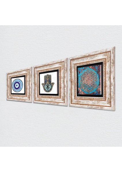 Stone Nazar, Yaşam Çiçeği, Fatma Ana Eli (Hamsa) Çerçeveli Taş Duvar Tablosu 3’lü Set - Dekoratif Modern Sanat, Ev ve Ofis Dekoru |TK3-329| fiyatları
