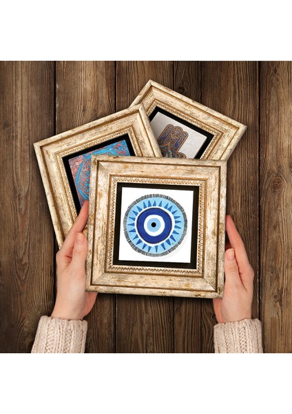 Stone Nazar, Yaşam Çiçeği, Fatma Ana Eli (Hamsa) Çerçeveli Taş Duvar Tablosu 3’lü Set - Dekoratif Modern Sanat, Ev ve Ofis Dekoru |TK3-329| modelleri