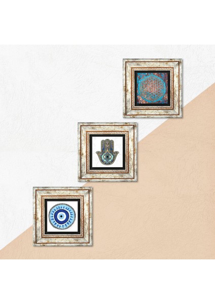 Stone Nazar, Yaşam Çiçeği, Fatma Ana Eli (Hamsa) Çerçeveli Taş Duvar Tablosu 3’lü Set - Dekoratif Modern Sanat, Ev ve Ofis Dekoru |TK3-329| indirimleri