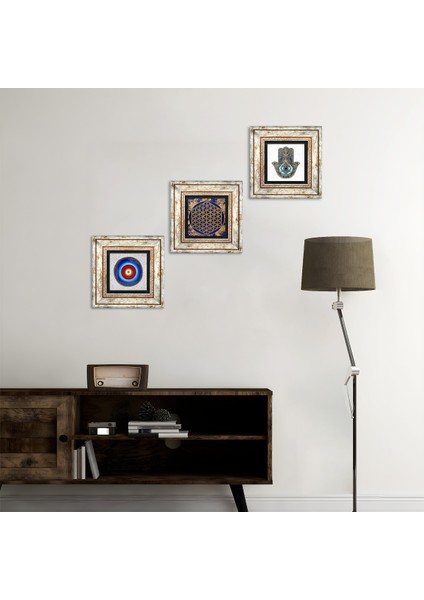 Nazar, Yaşam Çiçeği, Fatma Ana Eli (Hamsa) Çerçeveli Taş Duvar Tablosu 3’lü Set - Dekoratif Modern Sanat, Ev ve Ofis Dekoru |TK3-348|