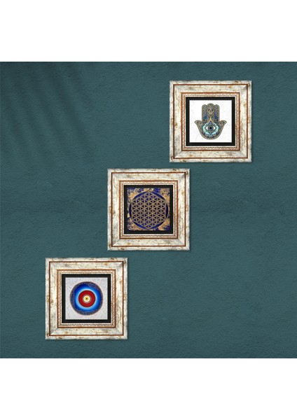 Nazar, Yaşam Çiçeği, Fatma Ana Eli (Hamsa) Çerçeveli Taş Duvar Tablosu 3’lü Set - Dekoratif Modern Sanat, Ev ve Ofis Dekoru |TK3-348| fırsatları