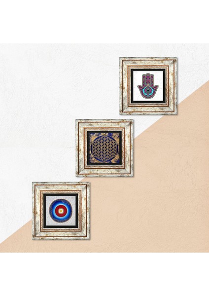 Nazar, Yaşam Çiçeği, Fatma Ana Eli (Hamsa) Çerçeveli Taş Duvar Tablosu 3’lü Set - Dekoratif Modern Sanat, Ev ve Ofis Dekoru |TK3-348| indirimleri