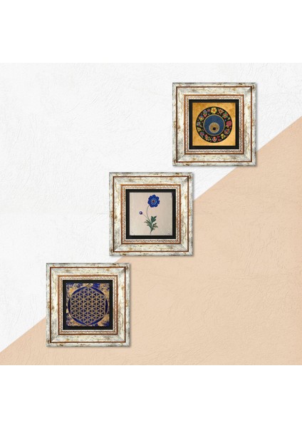 Yaşam Çiçeği, Ebru Sanatı, Nazar Taş Duvar Tablosu Çerçeveli Duvar Dekoru 3 Parça Tablo Seti Wall Art T3-361