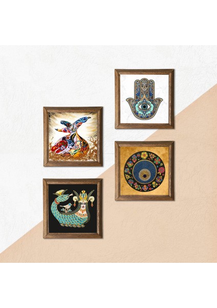 Nazar, Şahmeran, Semazen, Fatma Ana Eli (Hamsa) Taş Duvar Tablosu Ahşap Çerçeveli Duvar Dekoru 4 Parça Tablo Seti Wall Art W4-654