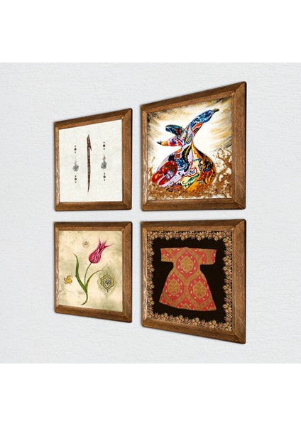 Hırka-i Şerif, Lale, Elif, Semazen Taş Duvar Tablosu Ahşap Çerçeveli Duvar Dekoru 4 Parça Tablo Seti Wall Art W4-664