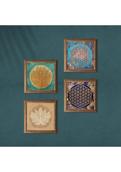 Lotus Çiçeği, Yaşam Çiçeği Ahşap Çerçeveli Taş Duvar Tablosu 4’lü Set – 25x25 cm Dekoratif Modern Sanat – Ev ve Ofis Dekoru |W4-669| modelleri