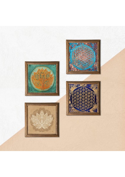 Lotus Çiçeği, Yaşam Çiçeği Ahşap Çerçeveli Taş Duvar Tablosu 4’lü Set – 25x25 cm Dekoratif Modern Sanat – Ev ve Ofis Dekoru |W4-669| indirimleri