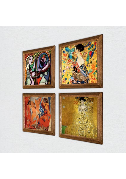 Picasso, Gustav Klimt Taş Duvar Tablosu Ahşap Çerçeveli Duvar Dekoru 4 Parça Tablo Seti Wall Art W4-687