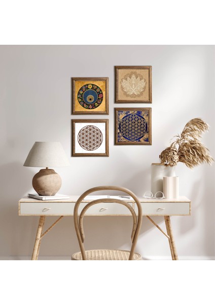 Stone Lotus Çiçeği, Yaşam Çiçeği, Nazar Ahşap Çerçeveli Taş Duvar Tablosu 4’lü Set – 25x25 cm Dekoratif Modern Sanat – Ev ve Ofis Dekoru |W4-806|
