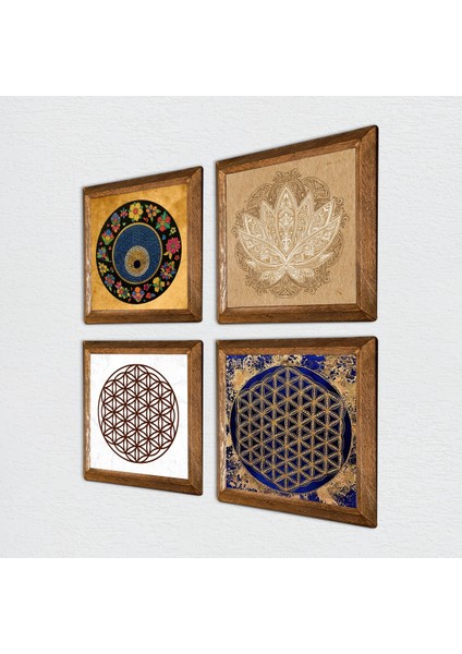 Stone Lotus Çiçeği, Yaşam Çiçeği, Nazar Ahşap Çerçeveli Taş Duvar Tablosu 4’lü Set – 25x25 cm Dekoratif Modern Sanat – Ev ve Ofis Dekoru |W4-806| fiyatları