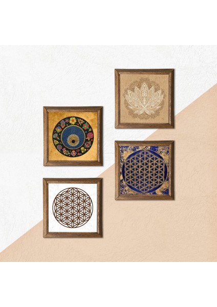 Stone Lotus Çiçeği, Yaşam Çiçeği, Nazar Ahşap Çerçeveli Taş Duvar Tablosu 4’lü Set – 25x25 cm Dekoratif Modern Sanat – Ev ve Ofis Dekoru |W4-806| indirimleri