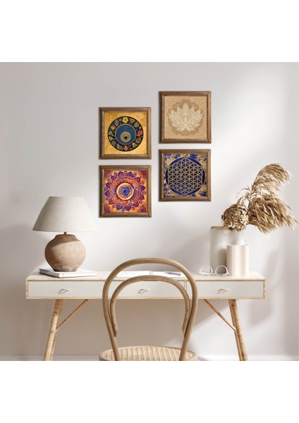 Stone Mandala, Lotus Çiçeği, Yaşam Çiçeği, Nazar Ahşap Çerçeveli Taş Duvar Tablosu 4’lü Set – 25x25 cm Dekoratif Modern Sanat – Ev ve Ofis Dekoru |W4-811|