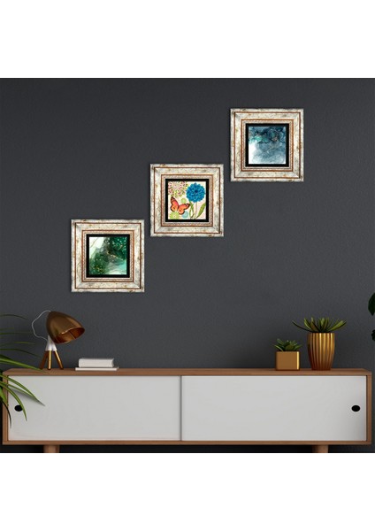 Kelebek, Soyut Sanat Taş Duvar Tablosu Çerçeveli Duvar Dekoru 3 Parça Tablo Seti Wall Art T3-1812