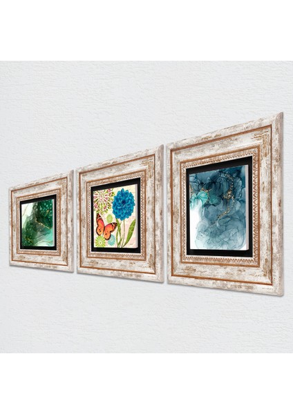 Kelebek, Soyut Sanat Taş Duvar Tablosu Çerçeveli Duvar Dekoru 3 Parça Tablo Seti Wall Art T3-1812