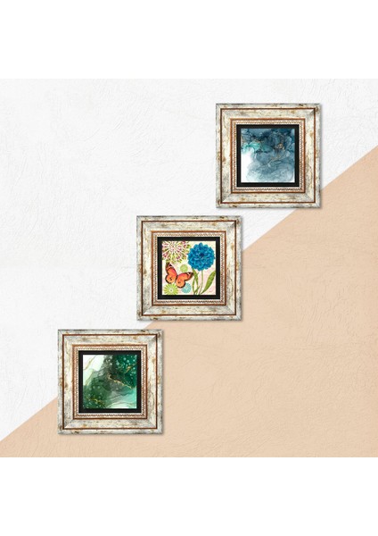 Kelebek, Soyut Sanat Taş Duvar Tablosu Çerçeveli Duvar Dekoru 3 Parça Tablo Seti Wall Art T3-1812