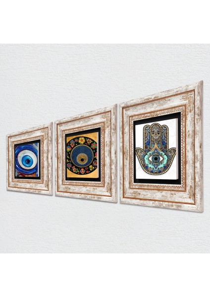 Stone Nazar, Fatma Ana Eli (Hamsa) Çerçeveli Taş Duvar Tablosu 3’lü Set - Dekoratif Modern Sanat, Ev ve Ofis Dekoru |TK3-1975| fiyatları