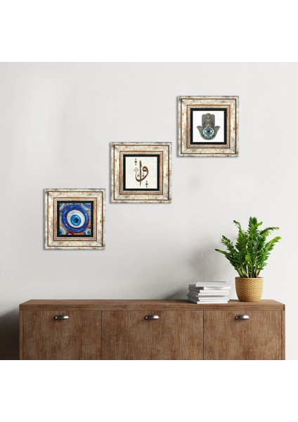Nazar, Elif Vav, Fatma Ana Eli (Hamsa) Taş Duvar Tablosu Çerçeveli Duvar Dekoru 3 Parça Tablo Seti Wall Art T3-1984