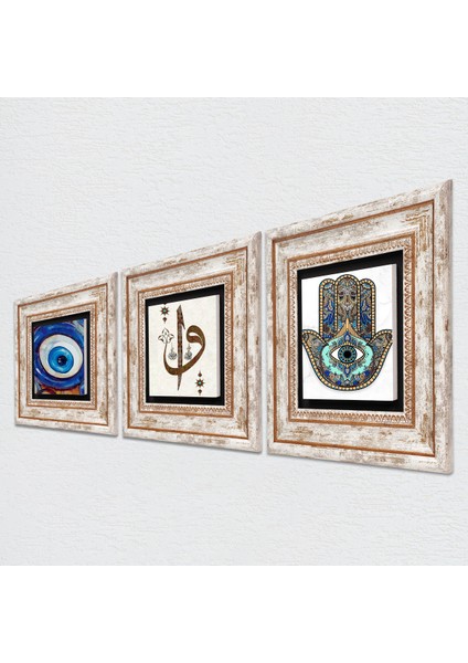 Nazar, Elif Vav, Fatma Ana Eli (Hamsa) Taş Duvar Tablosu Çerçeveli Duvar Dekoru 3 Parça Tablo Seti Wall Art T3-1984 fiyatları