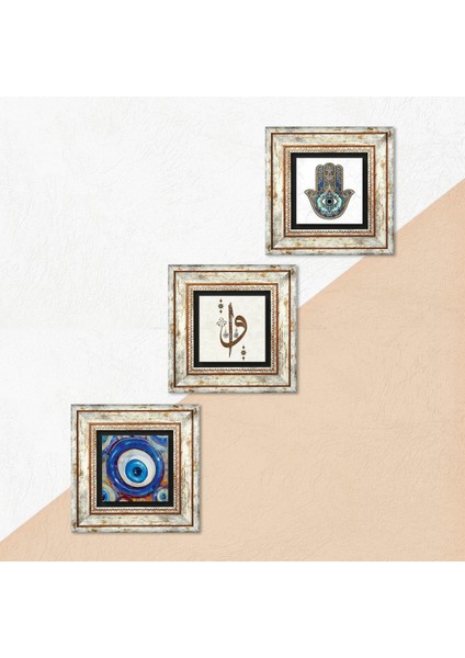 Nazar, Elif Vav, Fatma Ana Eli (Hamsa) Taş Duvar Tablosu Çerçeveli Duvar Dekoru 3 Parça Tablo Seti Wall Art T3-1984 indirimleri
