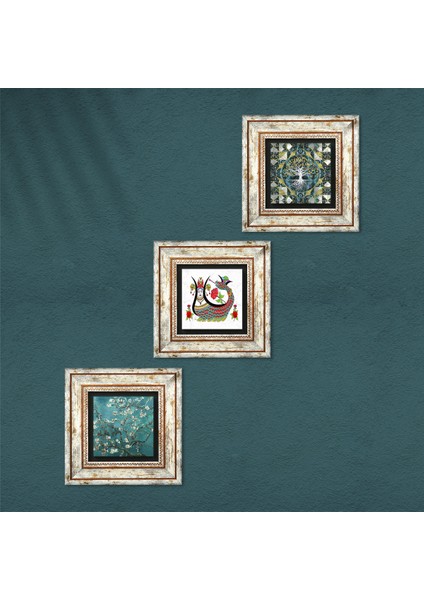 Hayat Ağacı, Şahmeran, Van Gogh Badem Ağacı Taş Duvar Tablosu Çerçeveli Duvar Dekoru 3 Parça Tablo Seti Wall Art T3-206