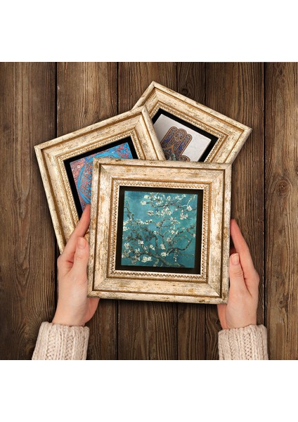 Hayat Ağacı, Şahmeran, Van Gogh Badem Ağacı Taş Duvar Tablosu Çerçeveli Duvar Dekoru 3 Parça Tablo Seti Wall Art T3-206