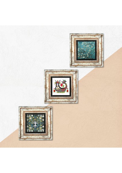Hayat Ağacı, Şahmeran, Van Gogh Badem Ağacı Taş Duvar Tablosu Çerçeveli Duvar Dekoru 3 Parça Tablo Seti Wall Art T3-206