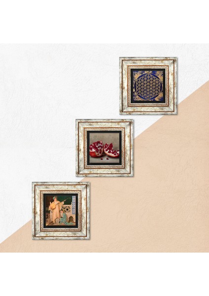 Yaşam Çiçeği, İki Müzisyen Kız Tablosu, Nar Taş Duvar Tablosu Çerçeveli Duvar Dekoru 3 Parça Tablo Seti Wall Art T3-1482