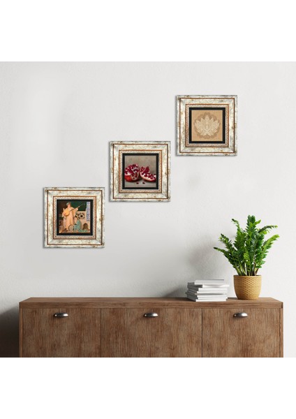 Lotus Çiçeği, İki Müzisyen Kız Tablosu, Nar Taş Duvar Tablosu Çerçeveli Duvar Dekoru 3 Parça Tablo Seti Wall Art T3-1486