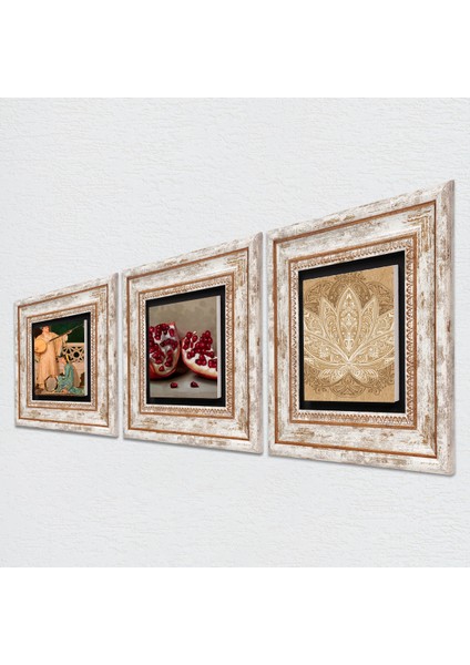 Lotus Çiçeği, İki Müzisyen Kız Tablosu, Nar Taş Duvar Tablosu Çerçeveli Duvar Dekoru 3 Parça Tablo Seti Wall Art T3-1486