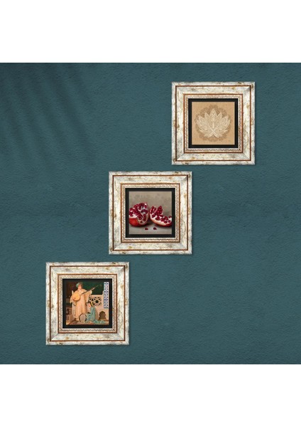 Lotus Çiçeği, İki Müzisyen Kız Tablosu, Nar Taş Duvar Tablosu Çerçeveli Duvar Dekoru 3 Parça Tablo Seti Wall Art T3-1486