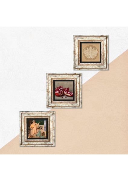 Lotus Çiçeği, İki Müzisyen Kız Tablosu, Nar Taş Duvar Tablosu Çerçeveli Duvar Dekoru 3 Parça Tablo Seti Wall Art T3-1486