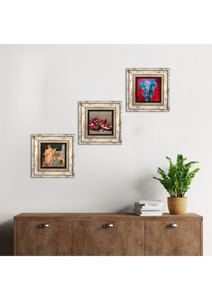 Fil, İki Müzisyen Kız Tablosu, Nar Taş Duvar Tablosu Çerçeveli Duvar Dekoru 3 Parça Tablo Seti Wall Art T3-1495