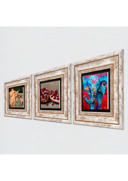 Fil, İki Müzisyen Kız Tablosu, Nar Taş Duvar Tablosu Çerçeveli Duvar Dekoru 3 Parça Tablo Seti Wall Art T3-1495