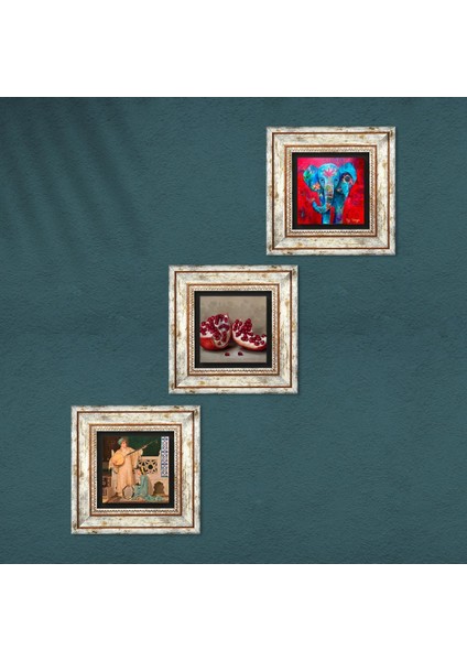 Fil, İki Müzisyen Kız Tablosu, Nar Taş Duvar Tablosu Çerçeveli Duvar Dekoru 3 Parça Tablo Seti Wall Art T3-1495