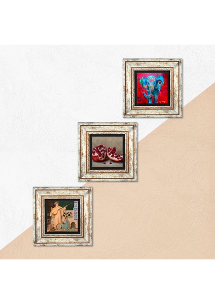 Fil, İki Müzisyen Kız Tablosu, Nar Taş Duvar Tablosu Çerçeveli Duvar Dekoru 3 Parça Tablo Seti Wall Art T3-1495