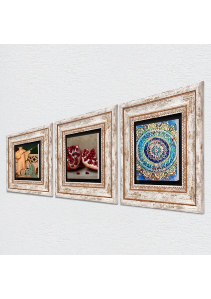 Mandala, İki Müzisyen Kız Tablosu, Nar Taş Duvar Tablosu Çerçeveli Duvar Dekoru 3 Parça Tablo Seti Wall Art T3-1496