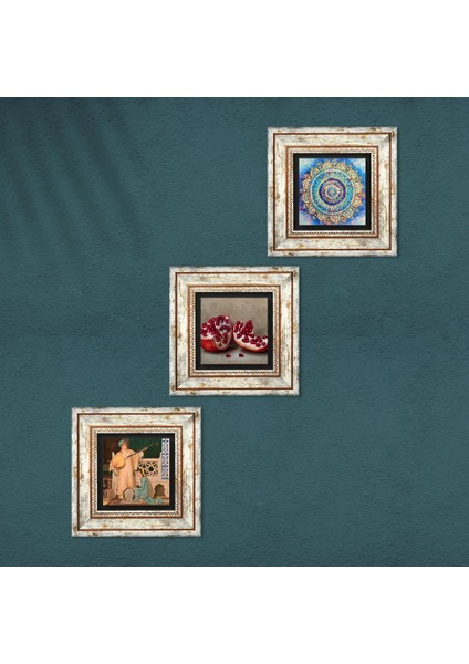 Mandala, İki Müzisyen Kız Tablosu, Nar Taş Duvar Tablosu Çerçeveli Duvar Dekoru 3 Parça Tablo Seti Wall Art T3-1496
