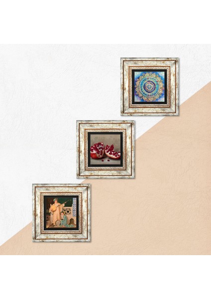 Mandala, İki Müzisyen Kız Tablosu, Nar Taş Duvar Tablosu Çerçeveli Duvar Dekoru 3 Parça Tablo Seti Wall Art T3-1496