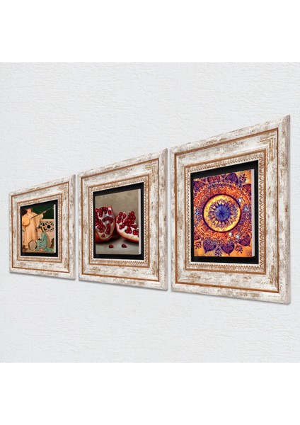 Mandala, İki Müzisyen Kız Tablosu, Nar Taş Duvar Tablosu Çerçeveli Duvar Dekoru 3 Parça Tablo Seti Wall Art T3-1497