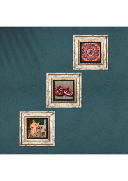 Mandala, İki Müzisyen Kız Tablosu, Nar Taş Duvar Tablosu Çerçeveli Duvar Dekoru 3 Parça Tablo Seti Wall Art T3-1497