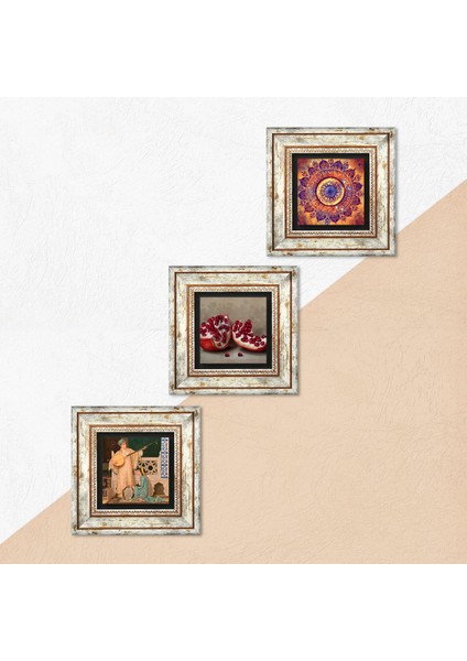 Mandala, İki Müzisyen Kız Tablosu, Nar Taş Duvar Tablosu Çerçeveli Duvar Dekoru 3 Parça Tablo Seti Wall Art T3-1497
