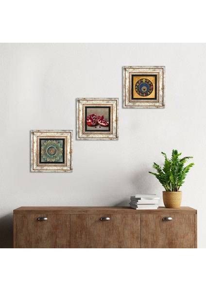 Mandala, Nazar, Nar Taş Duvar Tablosu Çerçeveli Duvar Dekoru 3 Parça Tablo Seti Wall Art T3-1617