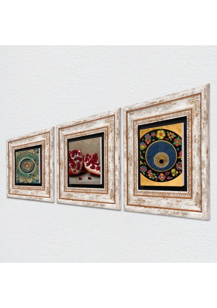 Mandala, Nazar, Nar Taş Duvar Tablosu Çerçeveli Duvar Dekoru 3 Parça Tablo Seti Wall Art T3-1617 fiyatları