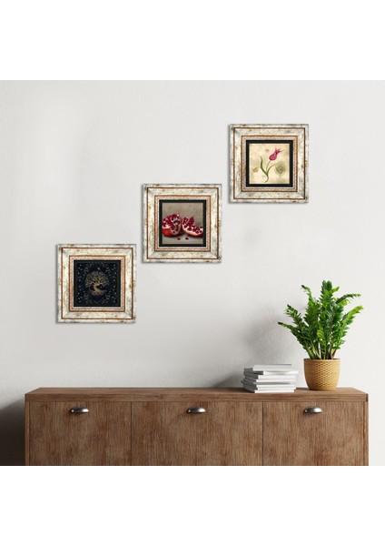 Hayat Ağacı, Lale Ebru Sanatı, Nar Taş Duvar Tablosu Çerçeveli Duvar Dekoru 3 Parça Tablo Seti Wall Art T3-1627
