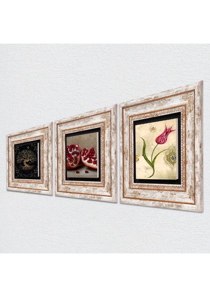 Hayat Ağacı, Lale Ebru Sanatı, Nar Taş Duvar Tablosu Çerçeveli Duvar Dekoru 3 Parça Tablo Seti Wall Art T3-1627