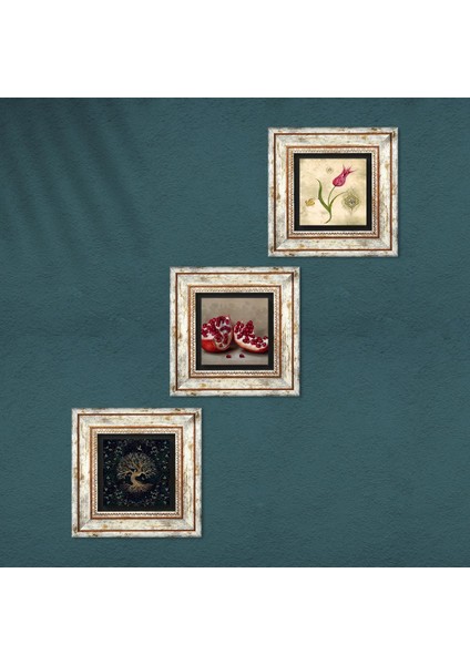 Hayat Ağacı, Lale Ebru Sanatı, Nar Taş Duvar Tablosu Çerçeveli Duvar Dekoru 3 Parça Tablo Seti Wall Art T3-1627