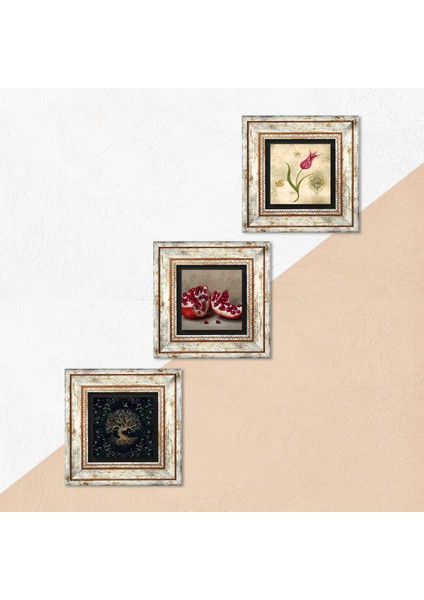 Hayat Ağacı, Lale Ebru Sanatı, Nar Taş Duvar Tablosu Çerçeveli Duvar Dekoru 3 Parça Tablo Seti Wall Art T3-1627